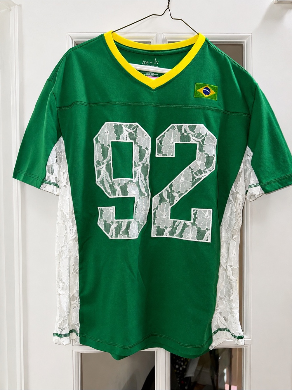 Zoe + Liv Brazil Green '92' Lace-Panel V-Neck Jersey with Yellow Trim - Picture 2 of 7